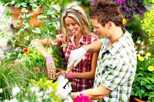 Safety-focused gardening tasks with tools and protective equipment